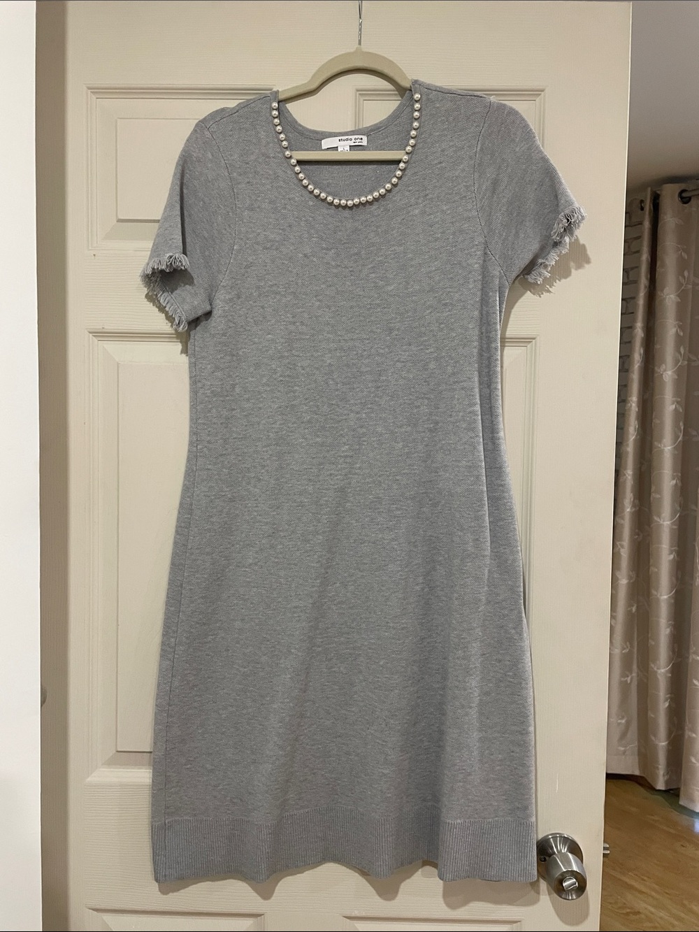 Grey Knit Midi Dress with Pearl Neckline
